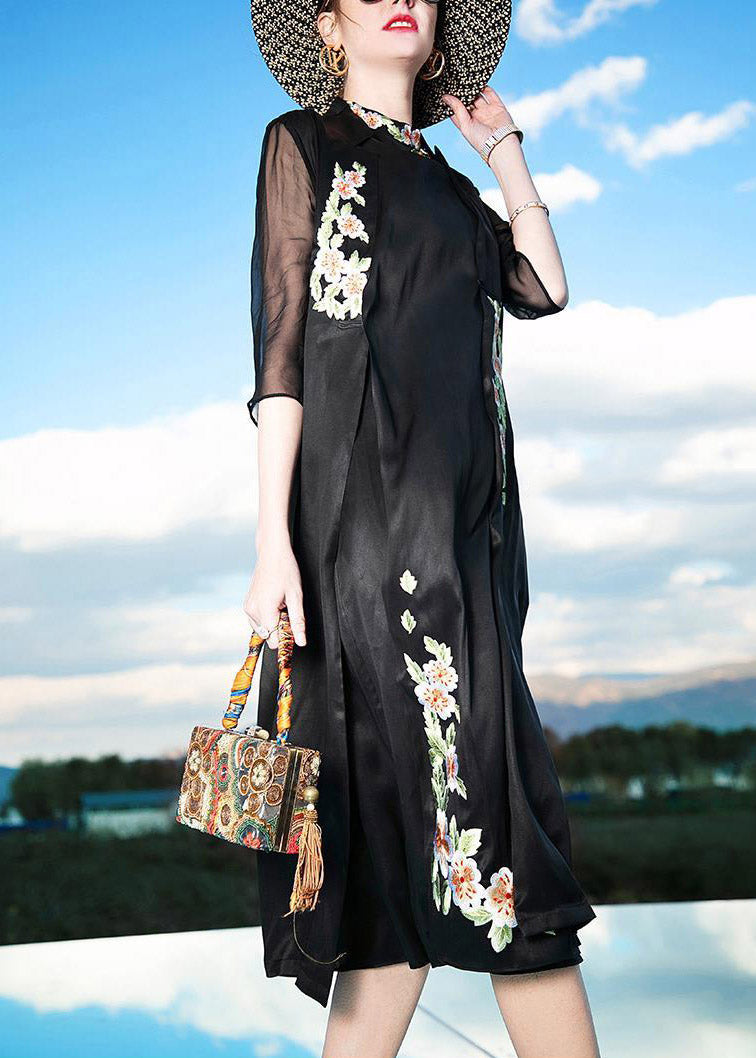 Novelty Black Stand Collar Embroideried Button Silk Maxi Dress Summer Ly1492