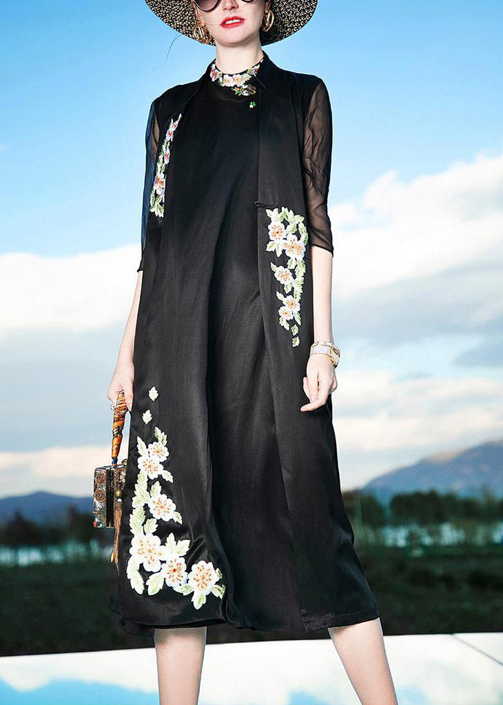Novelty Black Stand Collar Embroideried Button Silk Maxi Dress Summer Ly1492