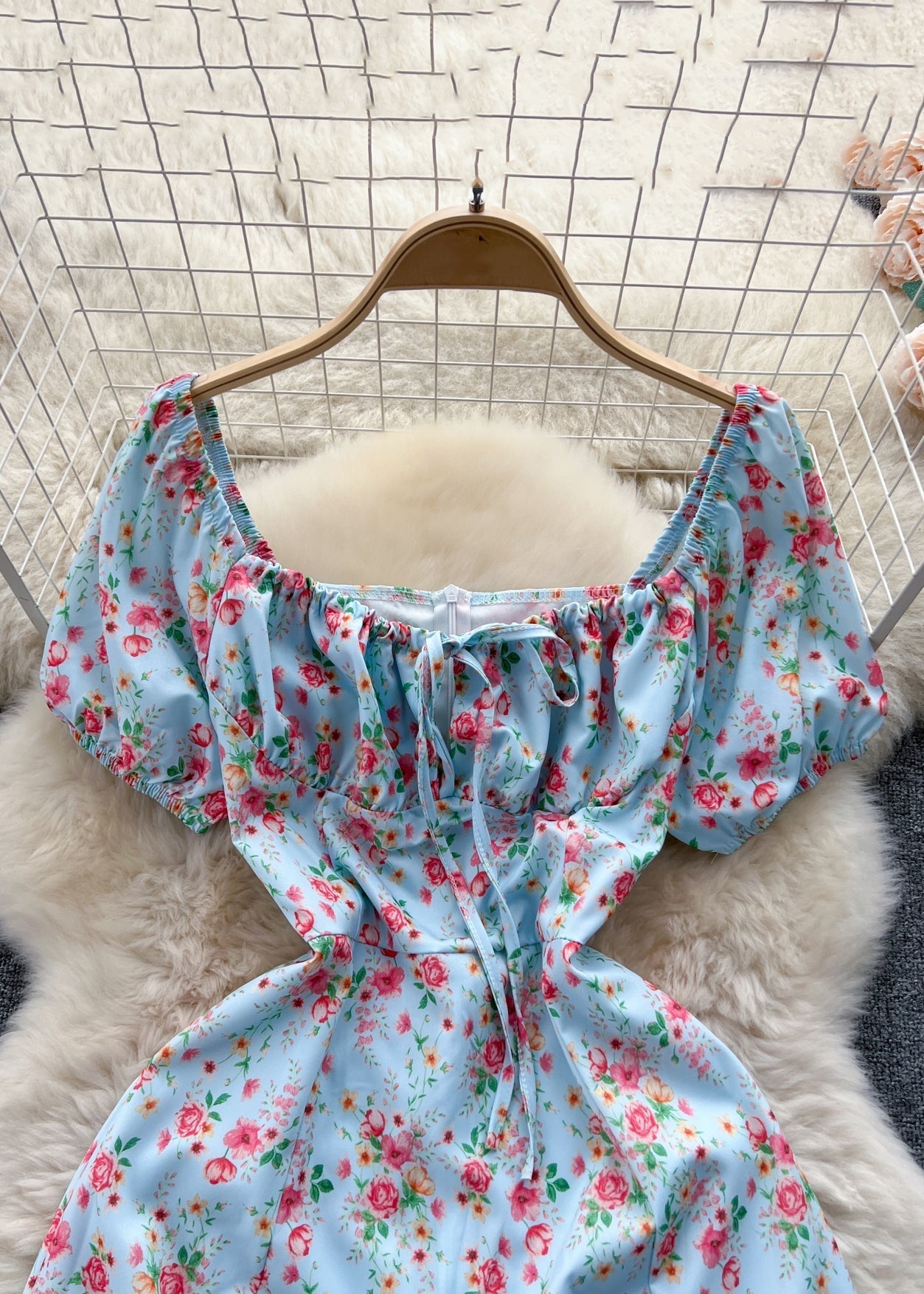Novelty Blue Square Collar Front Side Open Cotton Long Dress Summer Tr028