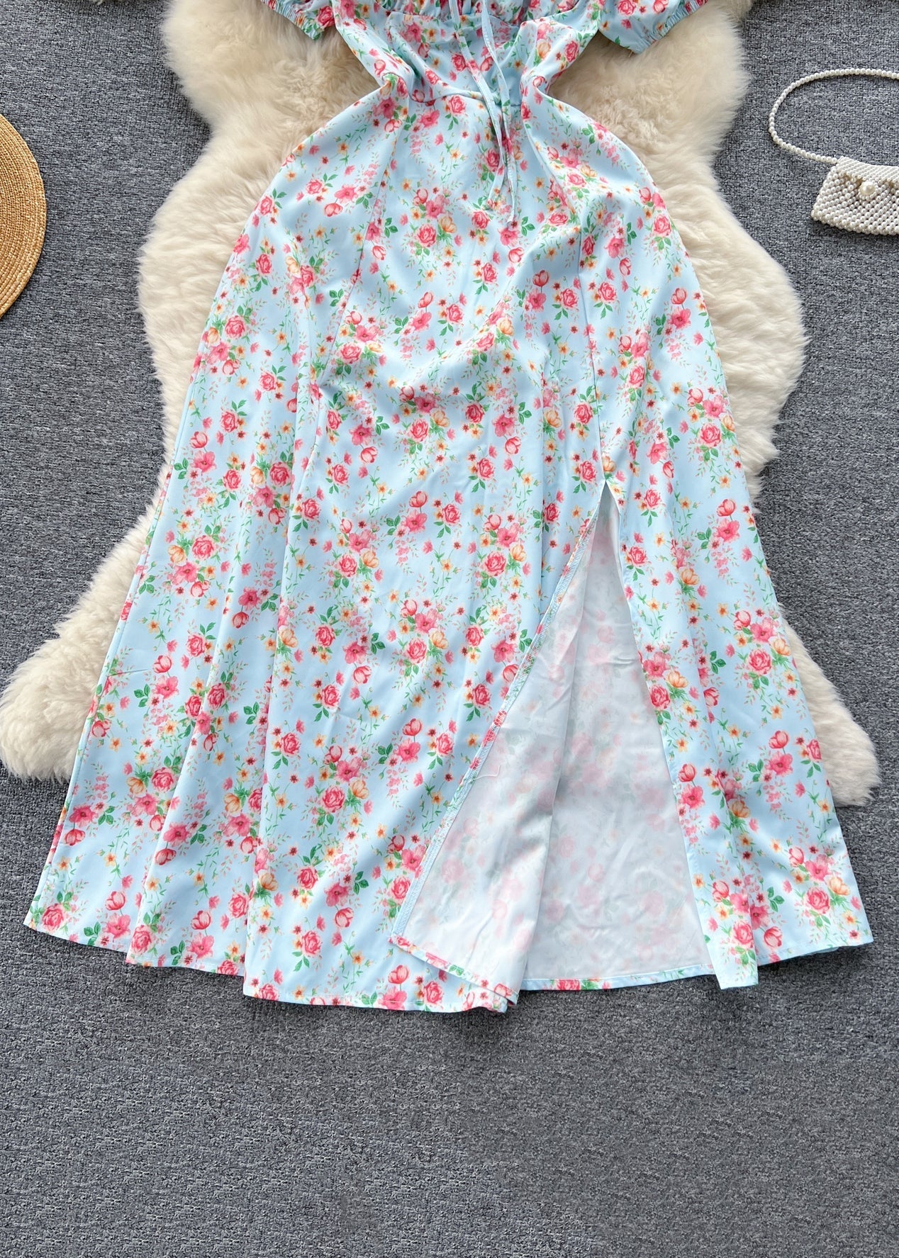 Novelty Blue Square Collar Front Side Open Cotton Long Dress Summer Tr028