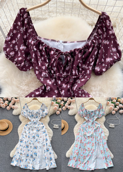 Wine Red Print Cotton Long Dresses Square Collar Short Sleeve Tr029