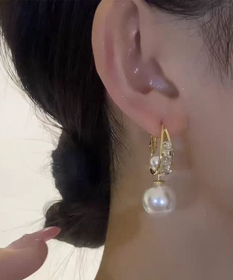 Novelty Gold Copper Overgild Pearl Zircon Drop Earrings Kx1038