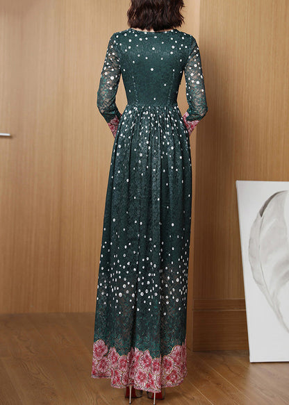 Novelty Green O-neck Print Lace Patchwork Tunic Maxi Dress Long Sleeve Ly1708