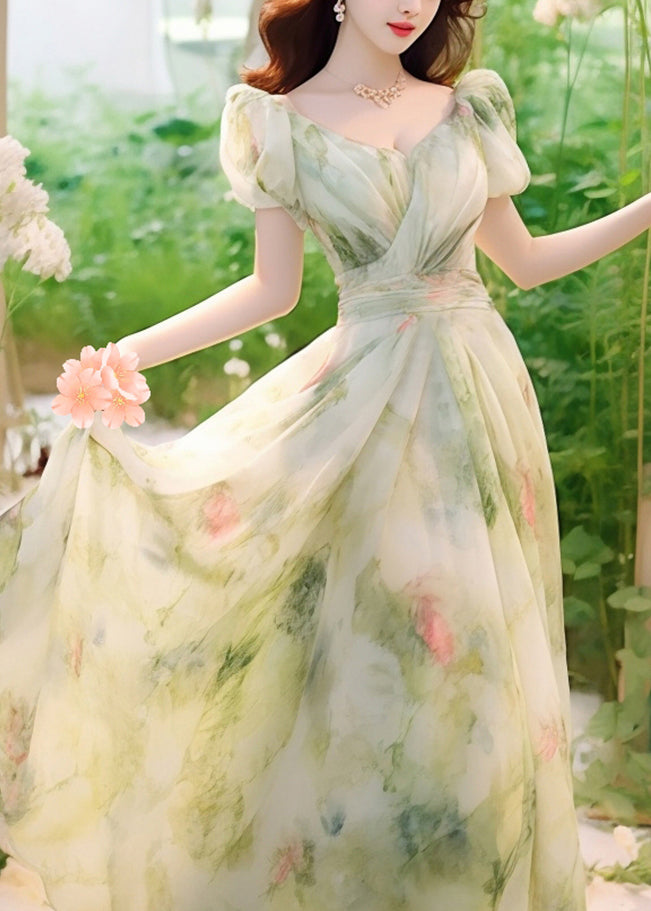 Novelty Green Print High Waist Chiffon Long Dresses Summer Kj021