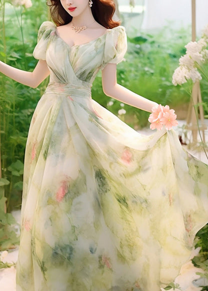 Novelty Green Print High Waist Chiffon Long Dresses Summer Kj021