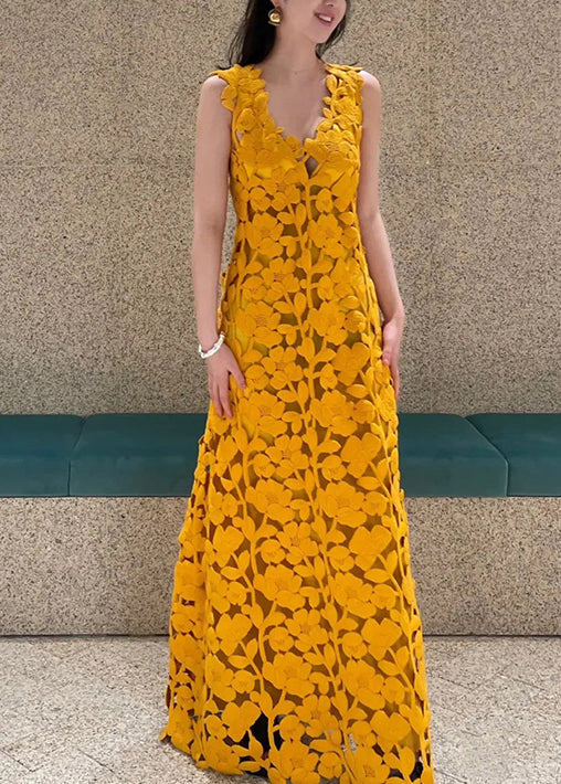 Novelty Orange V Neck Hollow Out Maxi Dresses Sleeveless Op1036