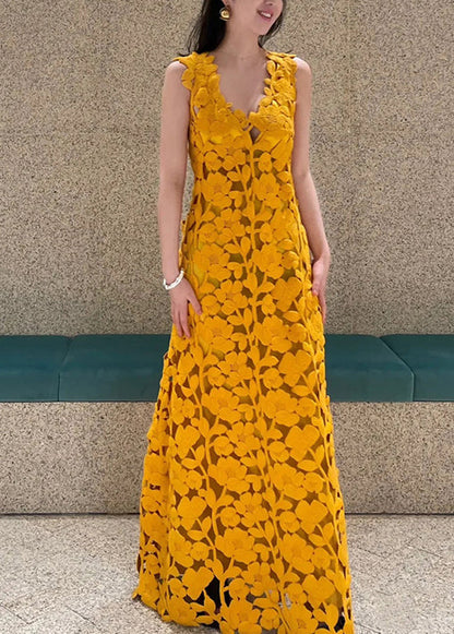 Novelty Orange V Neck Hollow Out Maxi Dresses Sleeveless Op1036