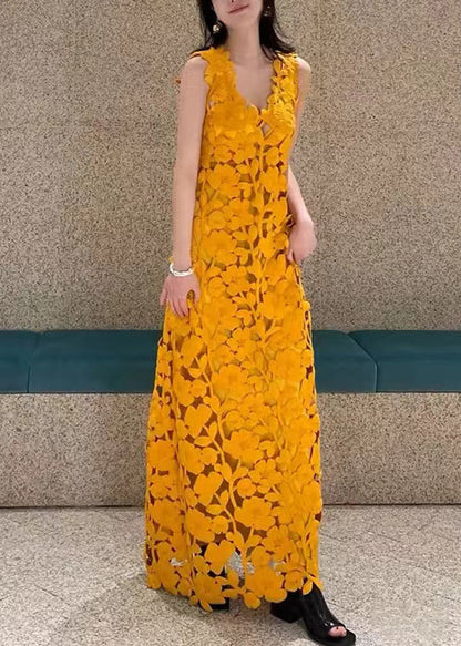 Novelty Orange V Neck Hollow Out Maxi Dresses Sleeveless Op1036