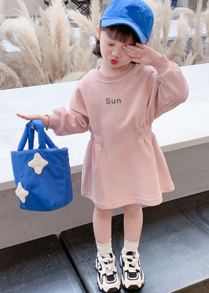 Novelty Pink O-neck Wrinkled Kids Long Dresses Spring Tv036