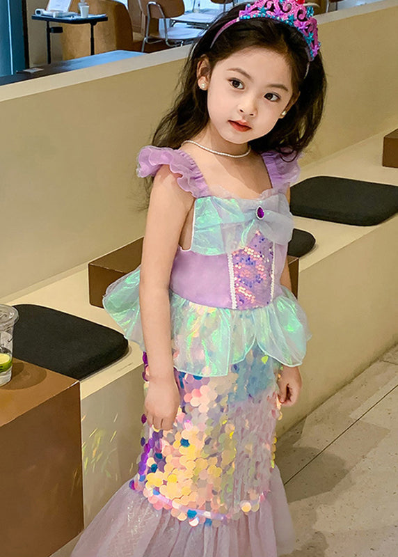 Novelty Purple Square Collar Sequins Tulle Kids Mermaid Maxi Dress Short Sleeve Ye011