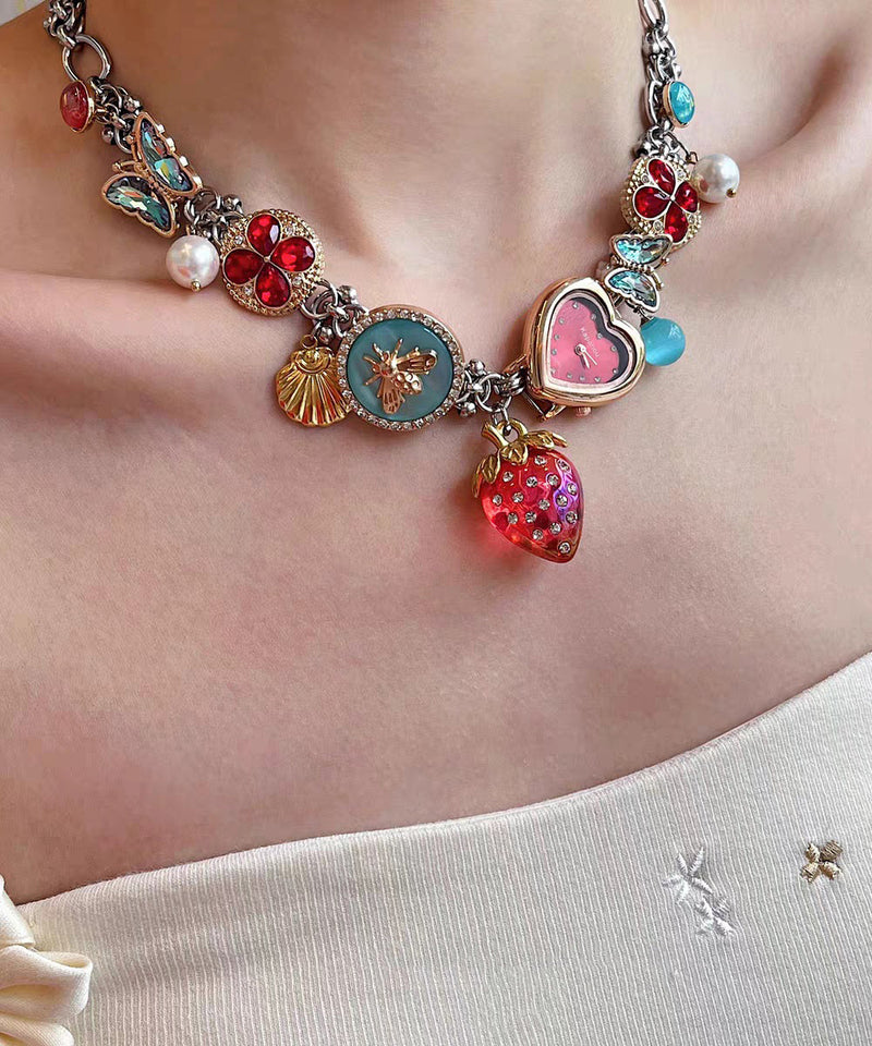 Novelty Rainbow Stainless Steel Strawberry Clock Butterfly Pendant Necklace
