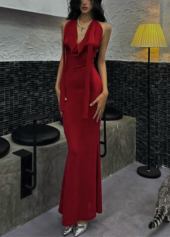 Novelty Red Halter Tie Waist Long Dresses Summer Yj002