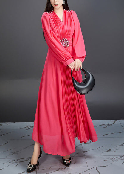 Novelty Red V Neck Wrinkled Chiffon Long Dress Fall Ar1039