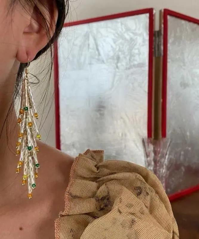 Novelty Silk Sterling Silver Overgild Ear of Wheat Tassel Drop Earrings