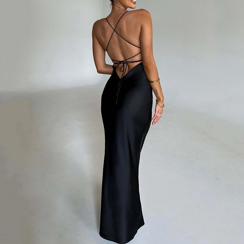 Clothing Strap Satin Dress Autumn Backless Lace Up Waist Controlled Maxi Dress