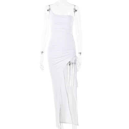 Spring Single Shoulder Cami Dress Tight Ruched High Split Maxi Dress for