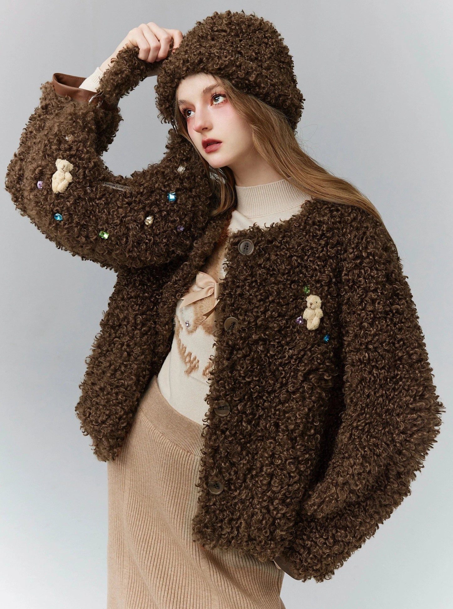 Cozy Teddy Bear Cardigan: Plush Textured Cropped Jacket With Charming Embroidered Details