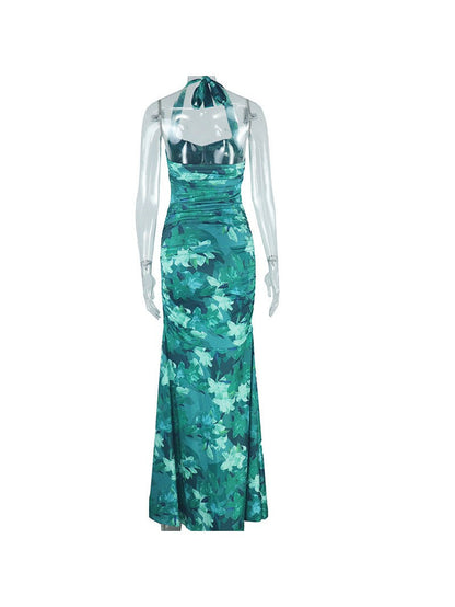 Print Halterneck Ruched Ruffle Slit Maxi Dress