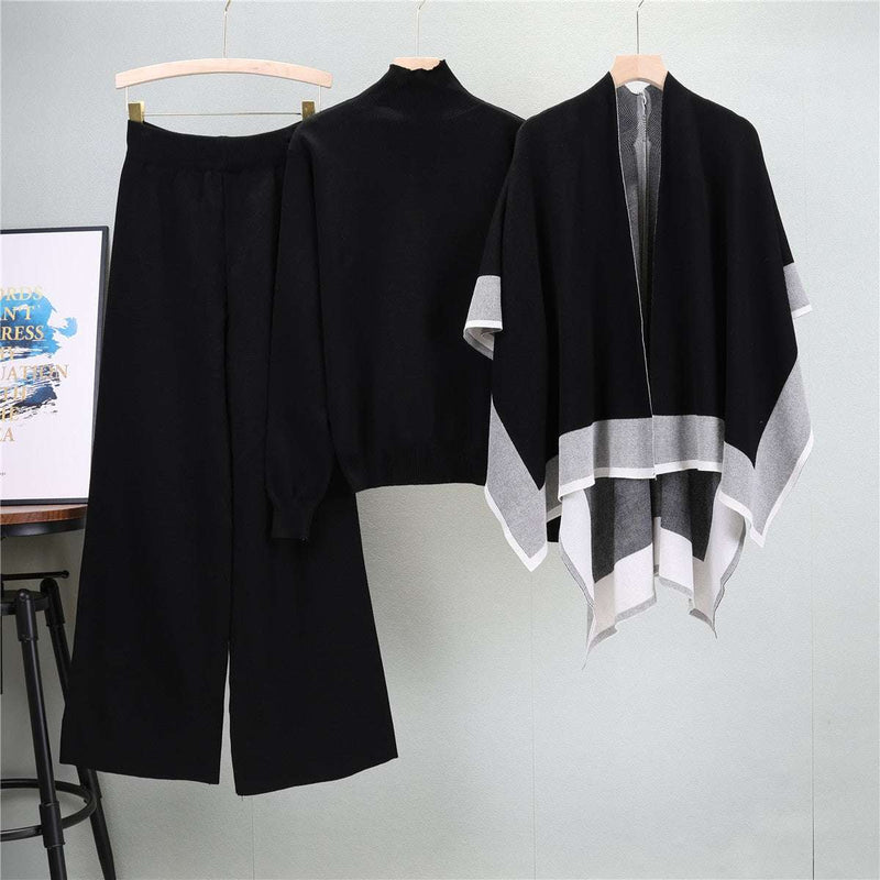 Black – Loose Knit Sweater Three Piece Set