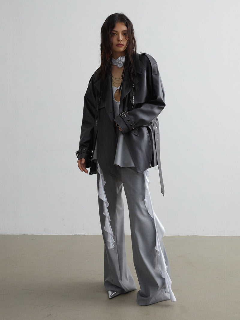 Matte Leather Short Coat With Slit Design