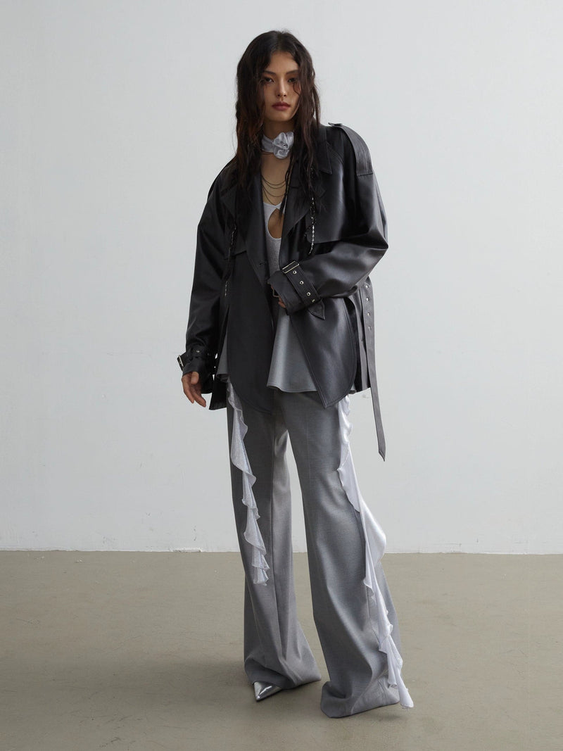 Matte Leather Short Coat With Slit Design