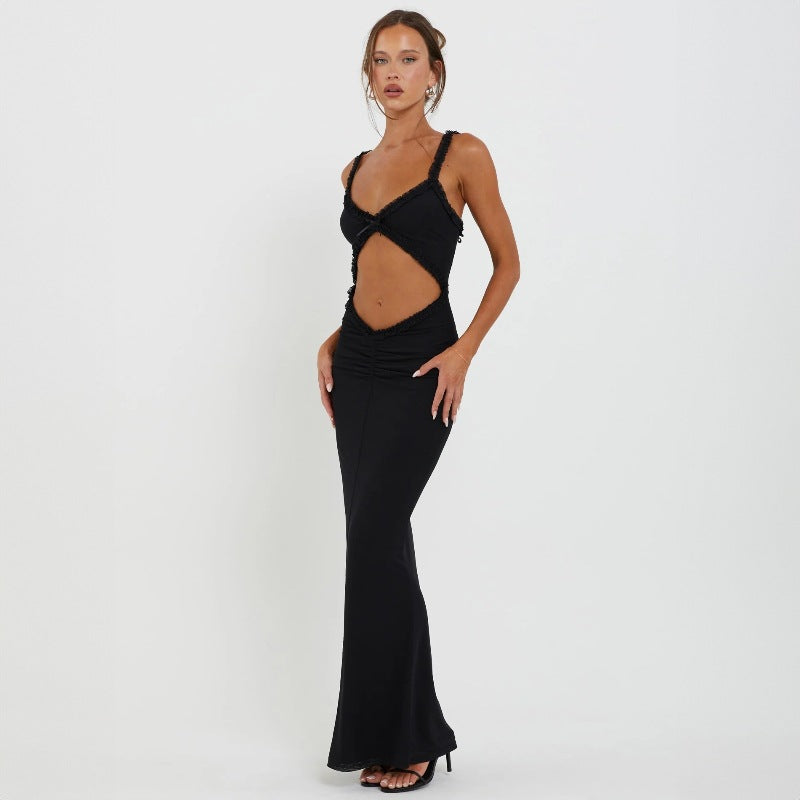 Summer Suspender Wooden Ear Collarless Cropped Slim Fit Jumpsuit Maxi Dress