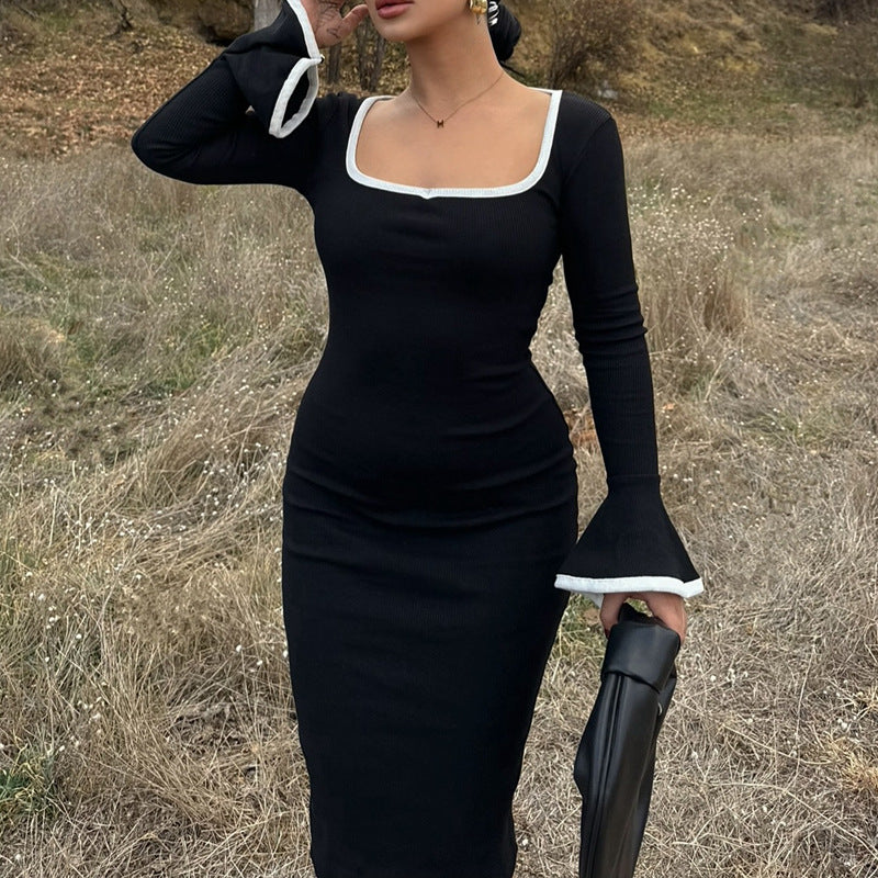 Clothing Winter Square Collar Contrast Color Knitted Midi Dress Bell Sleeve Sheath Dress