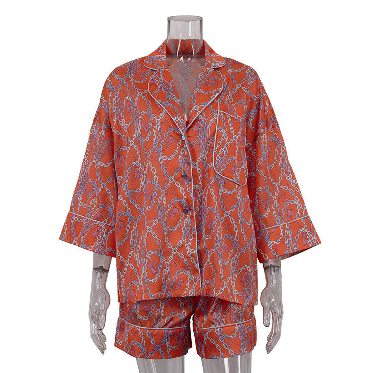 Printed Collared Three Quarter Length Sleeves Cardigan Top High Waist Shorts Two Piece Sets
