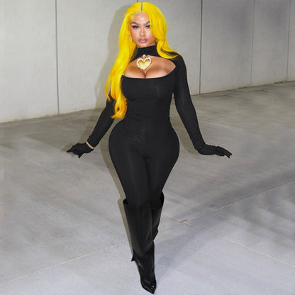 Clothing Autumn Cutout Finger Stall Slim Color Jumpsuit