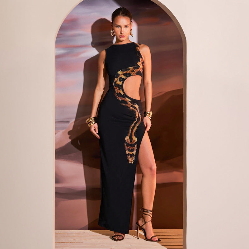 Summer Side Waist Hollow Out Cutout Python Print Slim Fit Slit Maxi Dress