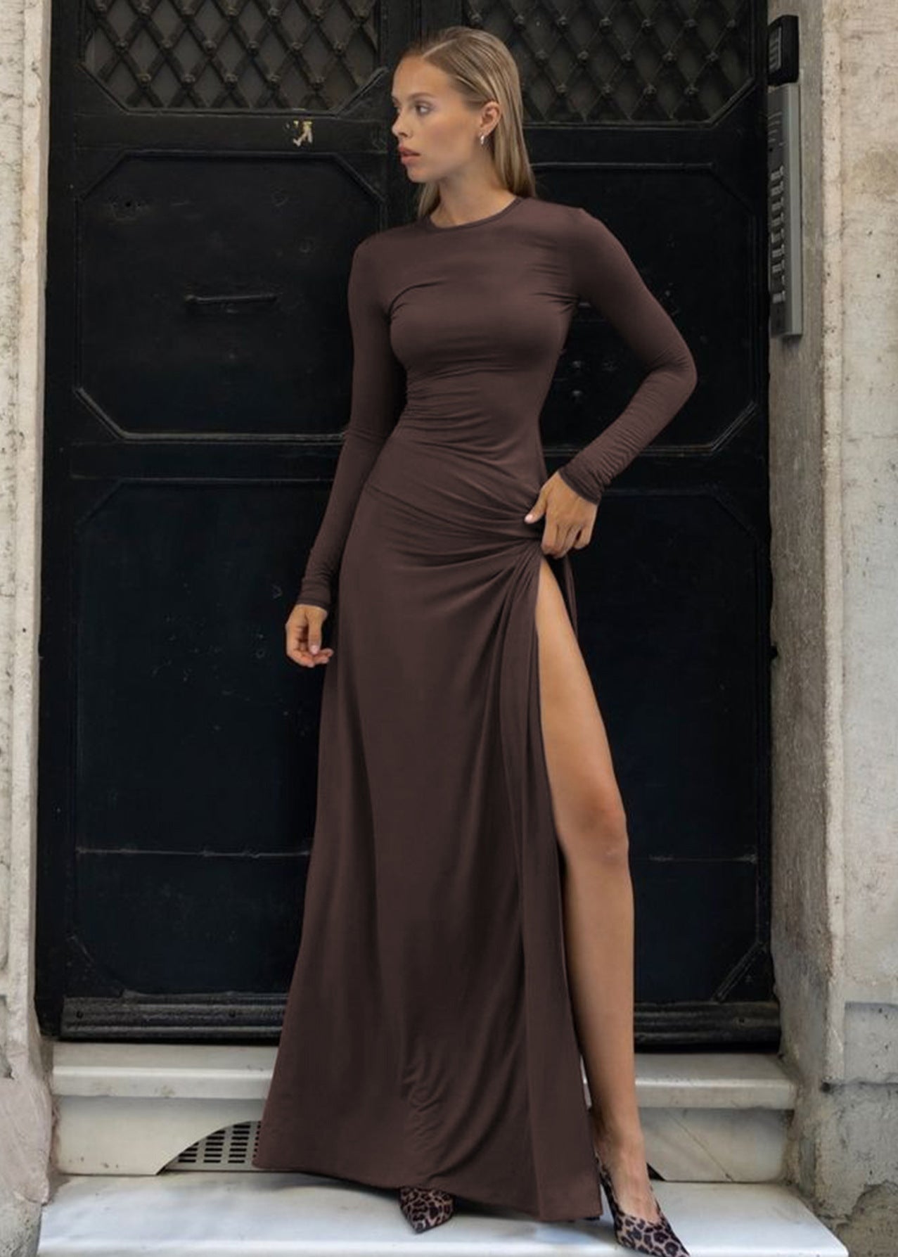 Chocolate High-slit Maxi Dress