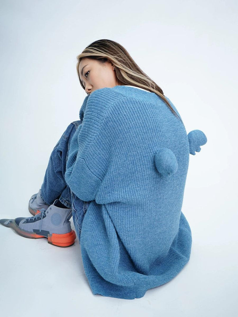 Oversized Fuzzy Cardigan With Pom-pom Detail