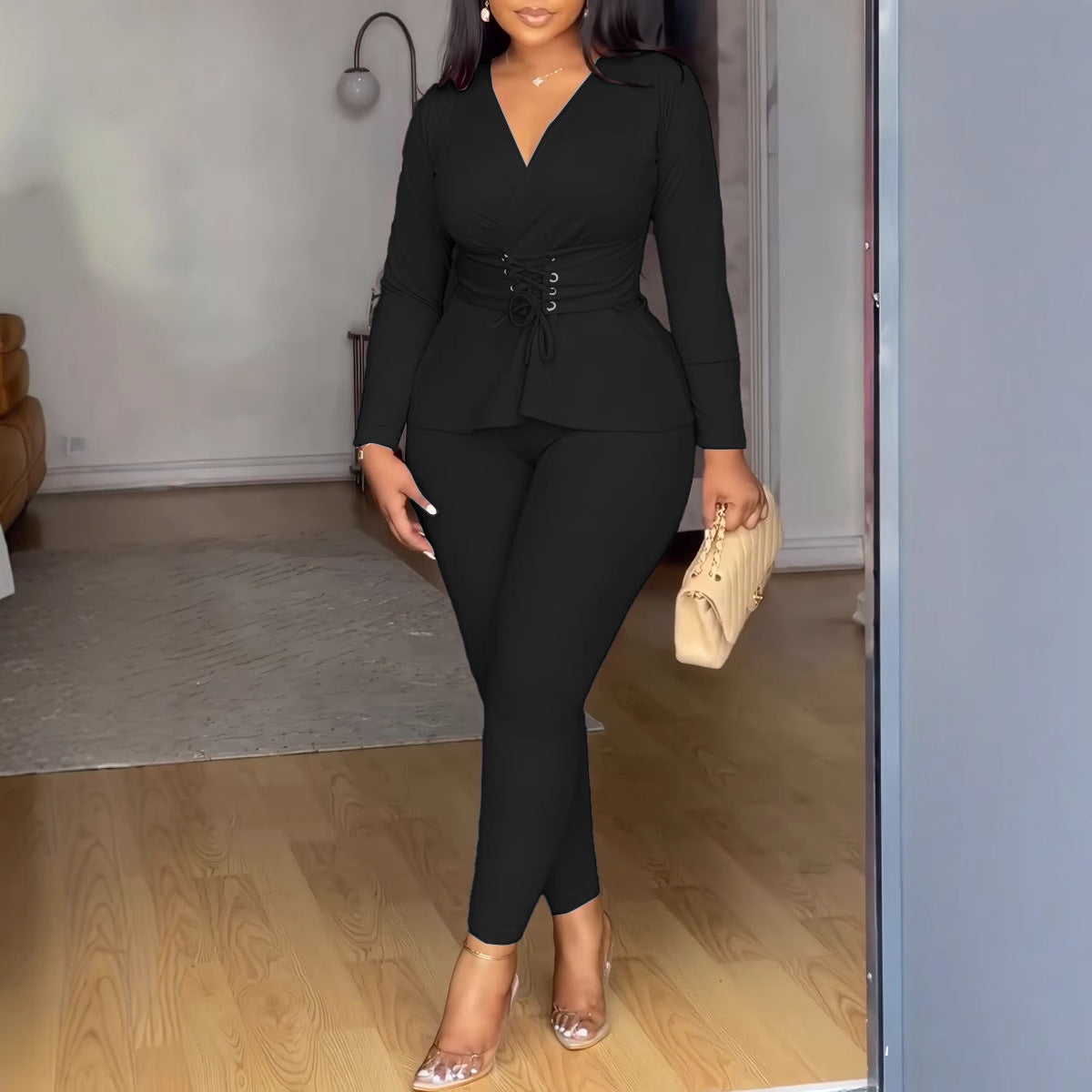 Color V Neck Waist Tight Stretch Long Sleeve Blouse Two Piece Pants Sets