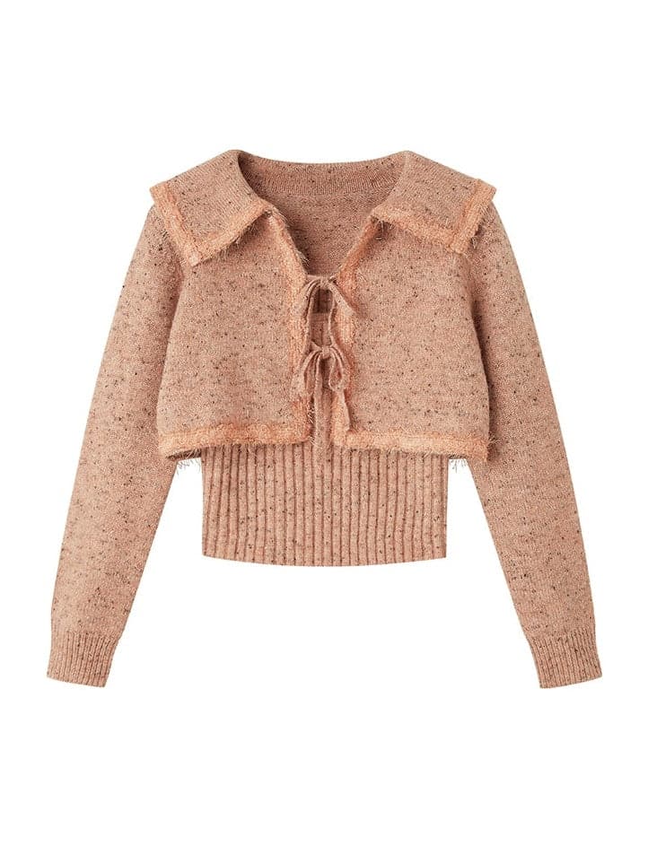 Cropped Knitted Cardigan & Camisole Set With Big Collar