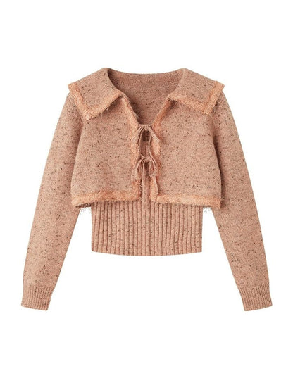 Cropped Knitted Cardigan & Camisole Set With Big Collar