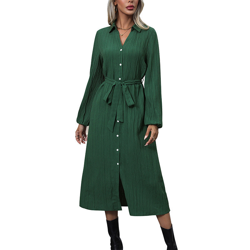 Autumn Long Sleeve Pleated Cardigan Dress Office Collared Shirt Dress