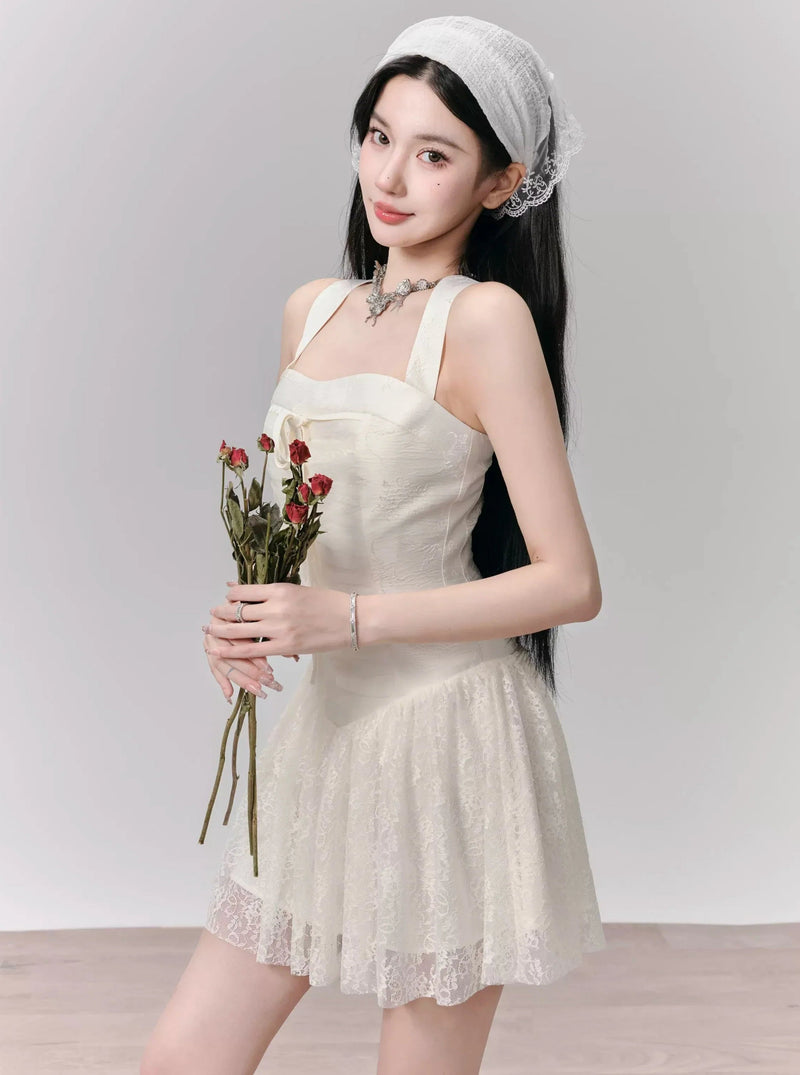 Romantic White Lace Halter Mini Dress With Front Tie
