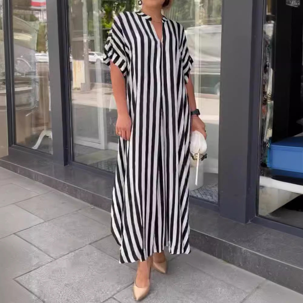 Self Designed Striped Print Spring Summer Split Large Swing Maxi Dress