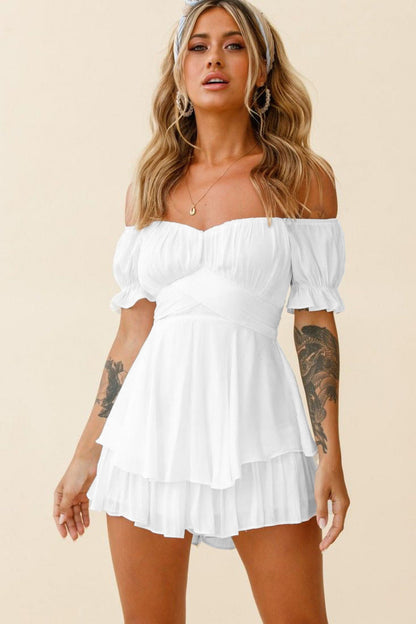 Color Off Neck Lantern Ruffle Sleeve Summer Clothing Short Romper