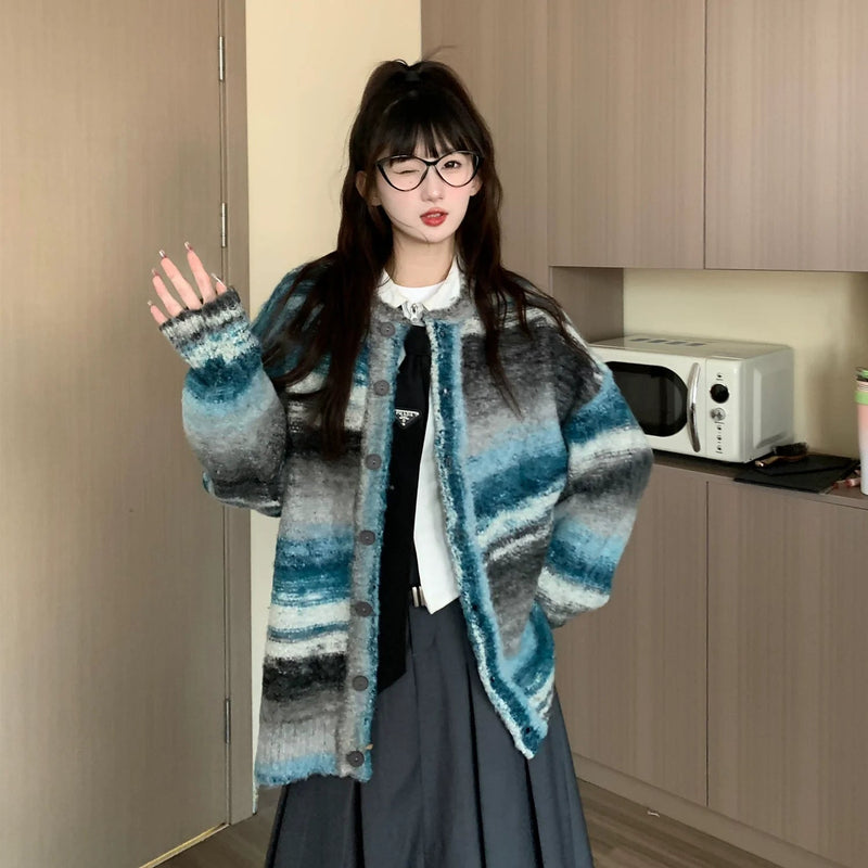 Oversized Fuzzy Striped Button-up Cardigan