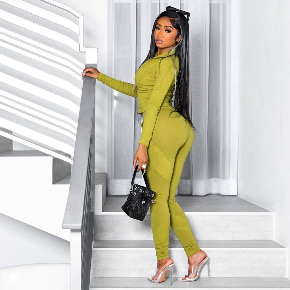 V-neck Long Sleeve Zipper Two-piece Set Nightclub Uniforms