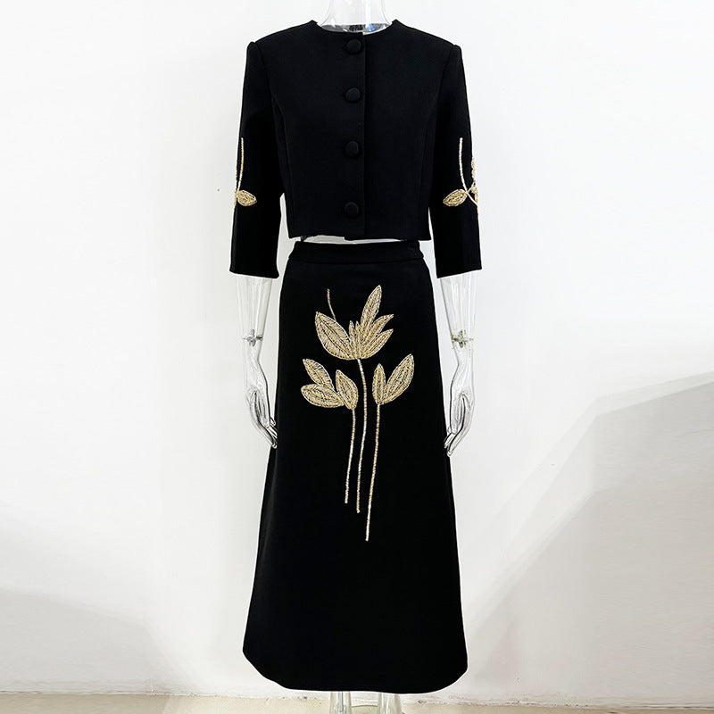 Heavy Industry Beads Three Quarter Sleeve Jacket Coat Mid Length Skirt Set