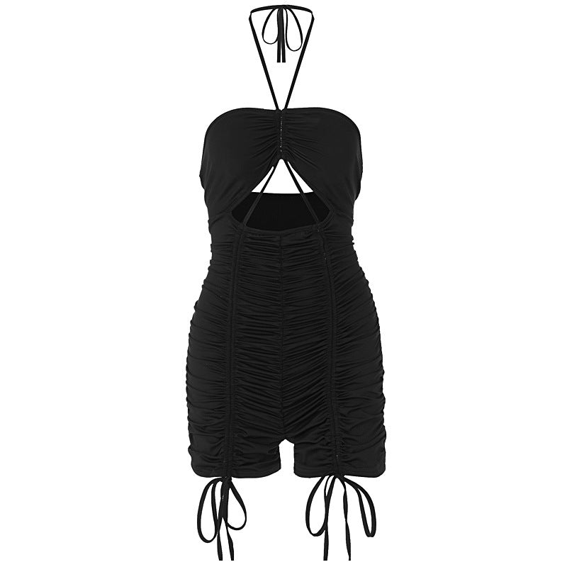 Summer Hollow Out Cutout Out Tied Halter Drawstring Shorts Jumpsuit Clothing