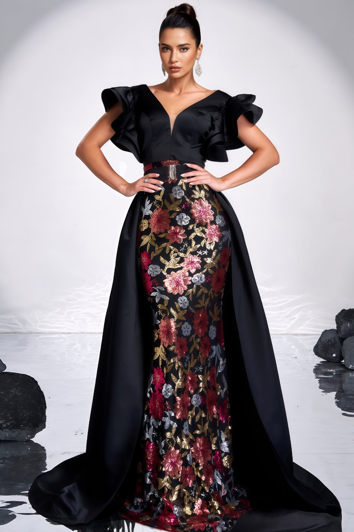 Ariasd Black Sequin Flower Maxi Dress