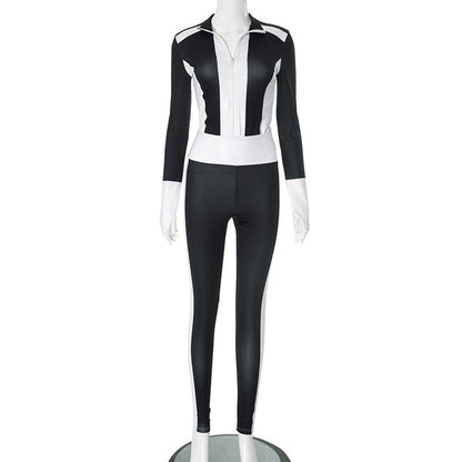 Clothing Autumn Winter Contrast Color Stitching Finger Fit Design Zipper Collared Cardigan Tight High Waist Suit