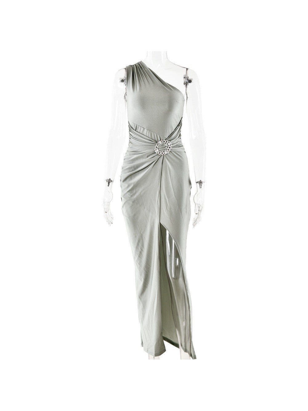 One Shoulder Sleeveless High Slit Buckle Maxi Dress