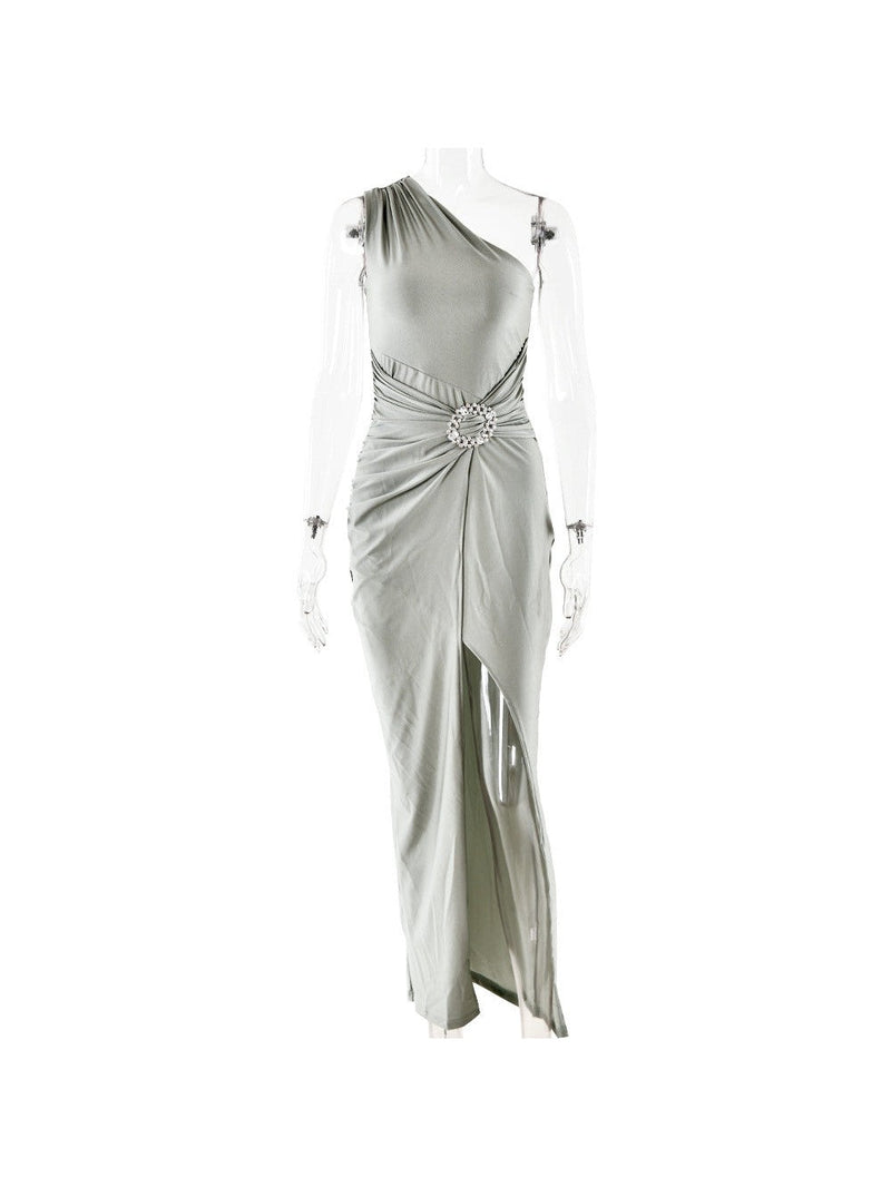 One Shoulder Sleeveless High Slit Buckle Maxi Dress