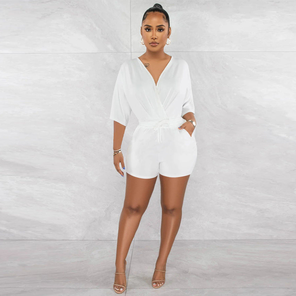 Color V Neck Fitted Waist Jumpsuit Shorts