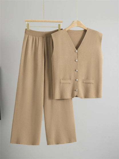 Khaki – Loose Cardigan Sleeveless Two-piece Set