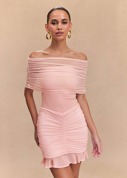 Off-shoulder Mesh Ruched Mini Dress